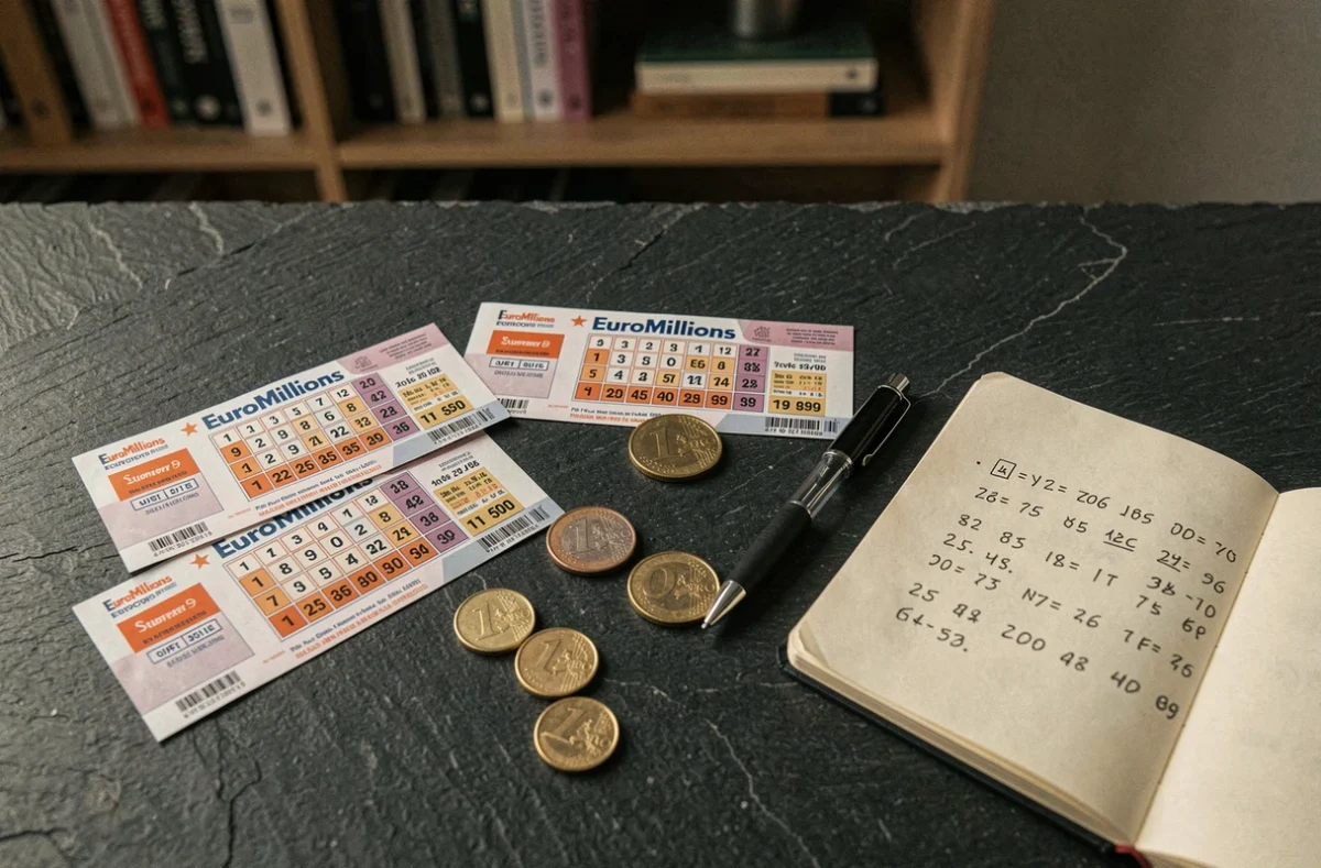 Tickets EuroMillions, pièces en euros et calculs manuscrits sur une surface en ardoise sombre