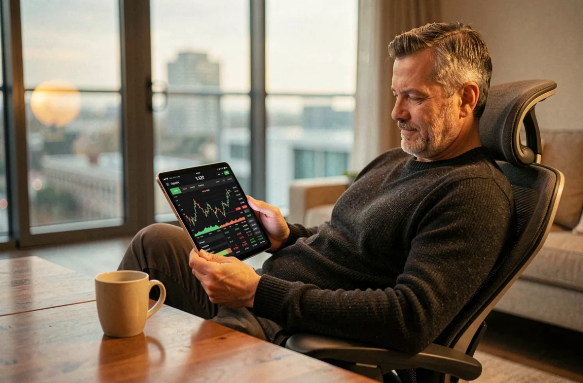 Trader expérimenté analysant des métriques de performance et des paramètres de risque sur une tablette depuis son appartement, en quête de la prop firm adaptée à son profil