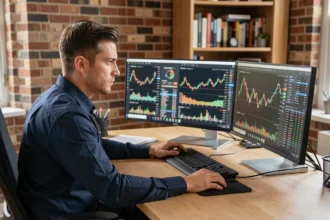 Trader masculin concentré devant plusieurs écrans affichant des graphiques financiers dans un bureau moderne, illustrant la recherche de la meilleure prop firm selon son style de trading