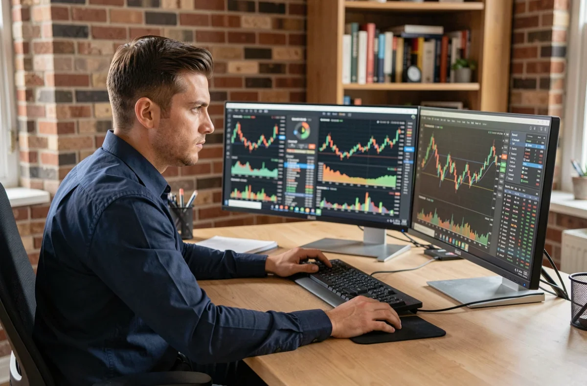 Trader masculin concentré devant plusieurs écrans affichant des graphiques financiers dans un bureau moderne, illustrant la recherche de la meilleure prop firm selon son style de trading