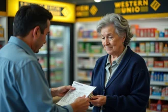 Femme effectuant un transfert d'argent Western Union au comptoir d'un magasin
