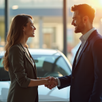 Jeune femme et vendeur de voiture souriants devant un concessionnaire