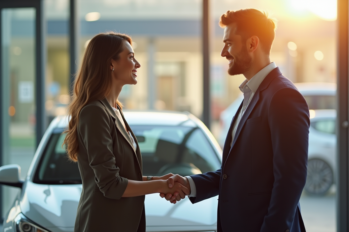 Jeune femme et vendeur de voiture souriants devant un concessionnaire