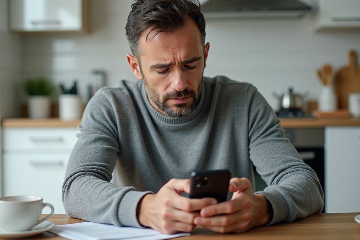 Homme consultant son application bancaire mobile pour vérifier le statut d'un virement en attente