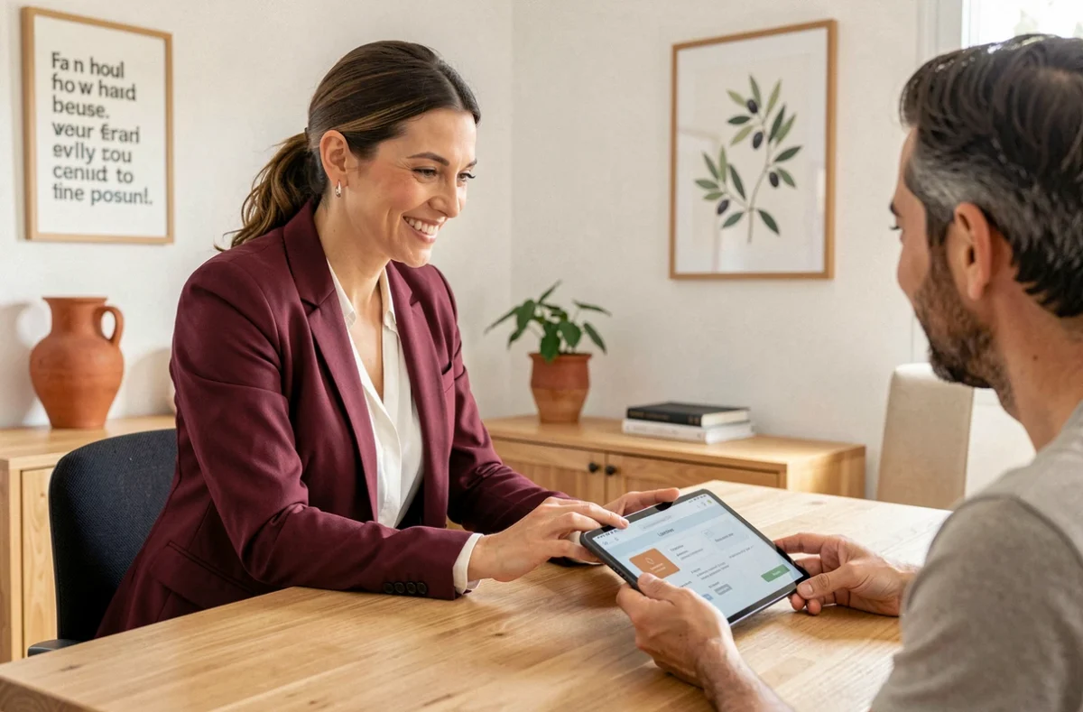 Conseillère de Vousfinancer accompagnant un entrepreneur dans la simulation d'un crédit professionnel sur tablette dans un bureau en PACA