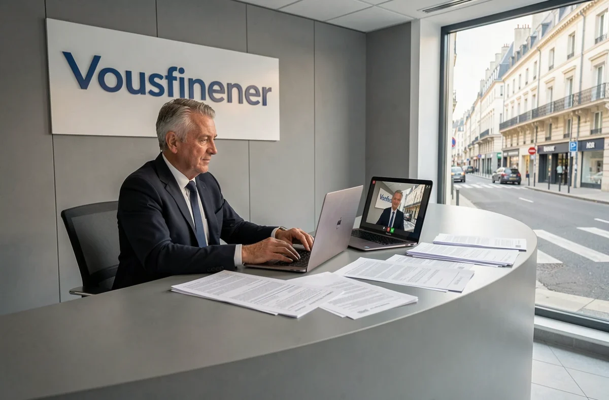 Un conseiller Vousfinancer mène une consultation de prêt immobilier en visioconférence depuis une agence moderne et professionnelle