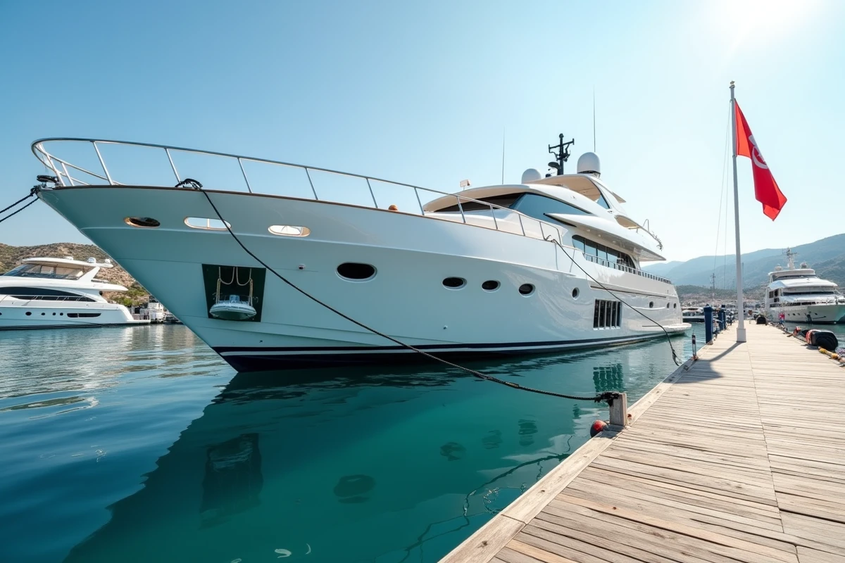 Yacht de luxe amarré dans une marina méditerranéenne avec pavillon andorran, illustration de l'immatriculation fiscale en Andorre
