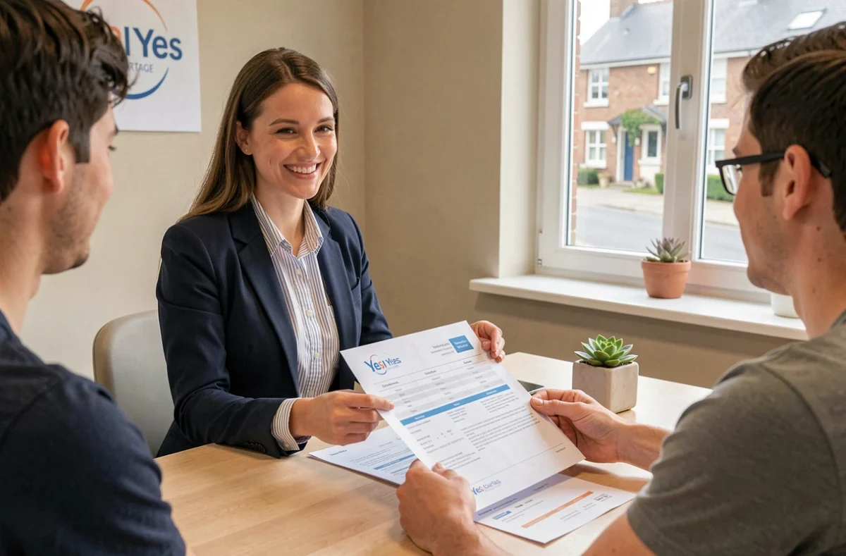 Une courtière de Yes Courtage présente une proposition de prêt immobilier à un jeune couple dans une agence accueillante en Bretagne
